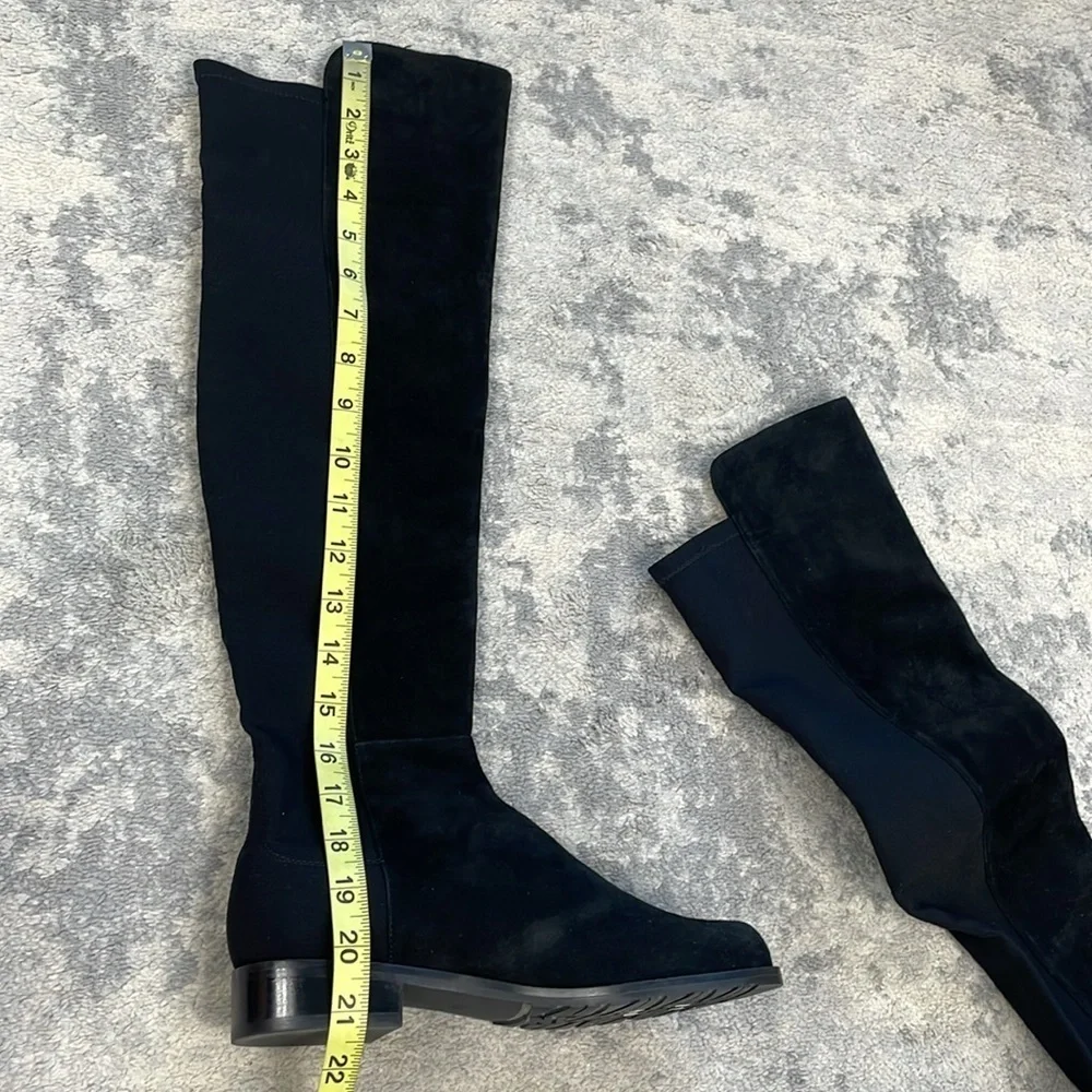 New Stuart Weitzman 5050 Suede Riding Boots Knee High Black Low Heel Sz 5.5